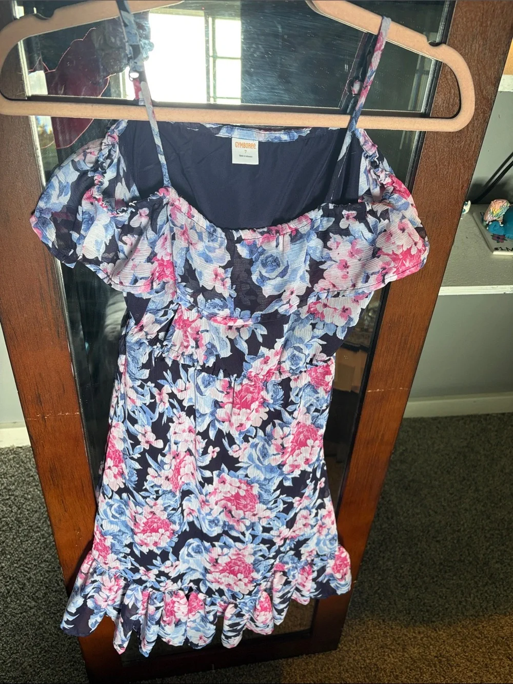 Floral Ruffle Mini Dress - off the shoulder Navy with Pink & Blue Flowers